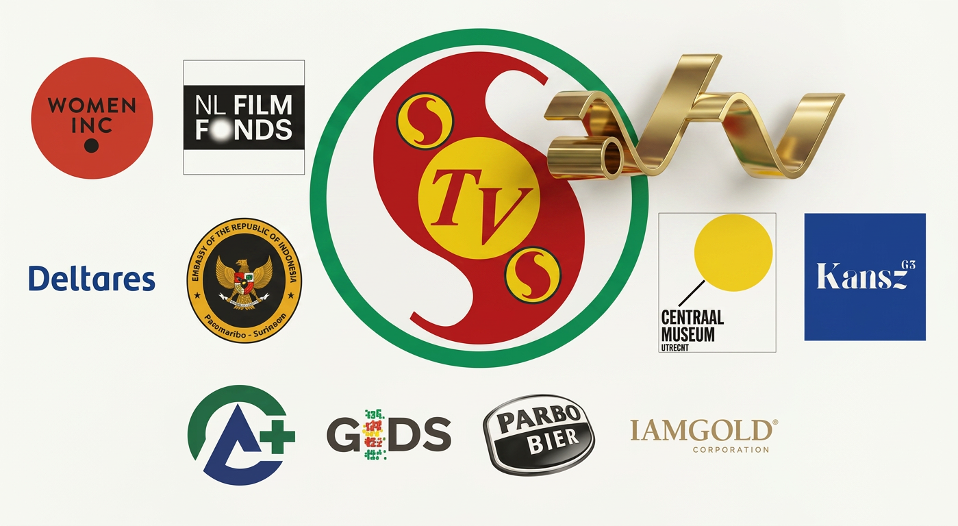 Logos of Markoesa Productions' partners and clients, including Women Inc, NL Film Fonds, Deltares, Centraal Museum, Kansz, Parbo Bier, and IAMGOLD
